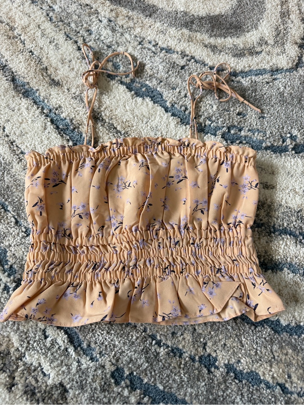 Smocked Peach Crop Top with Lavender Floral Print
